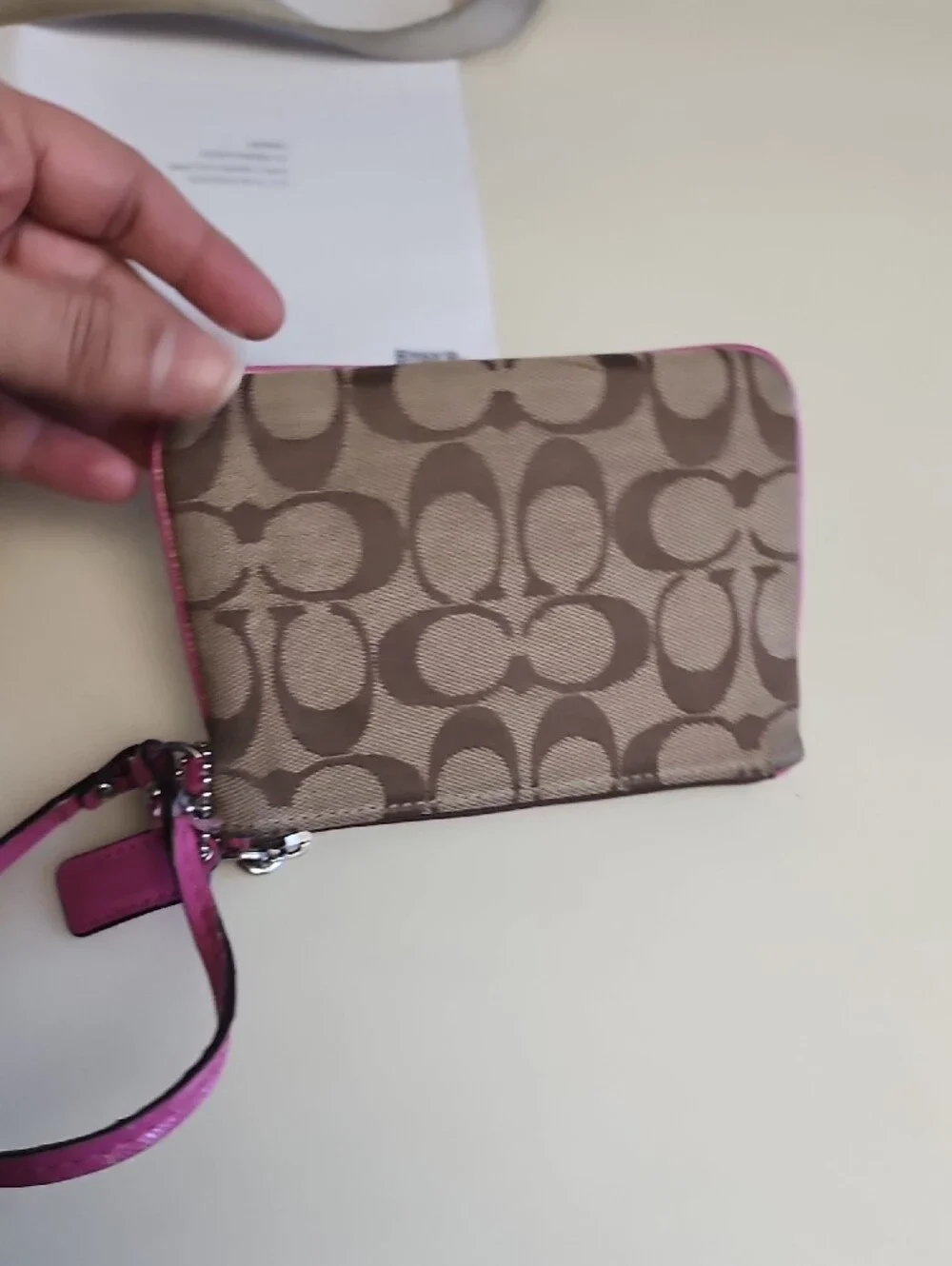 Coach Brown Signature Canvas Shoulder Bag with Pink Stripe and Matching Wallets
